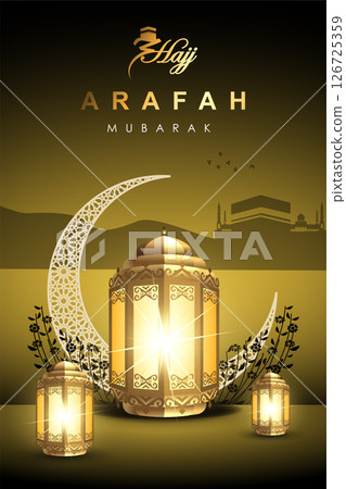 Islamic graphic design illustration for Mubarak, ramadan, eid, Al Adha, hajj, arafah, hariraya, Mawlid al-Nabi, ai-fitr, adulfitri and Hijri new yeaar. Literally with muslim illuminated lamp. 126725359