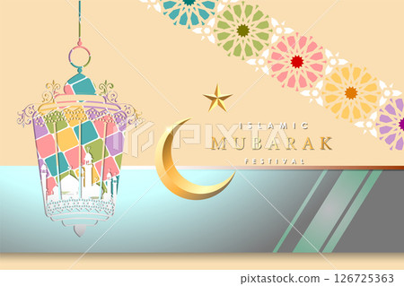 Islamic graphic design illustration for Mubarak, ramadan, eid, Al Adha, hajj, arafah, hariraya, Mawlid al-Nabi, ai-fitr, adulfitri and Hijri new yeaar. Literally with muslim illuminated lamp. 126725363