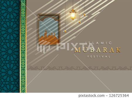 Islamic graphic design illustration for Mubarak, ramadan, eid, Al Adha, hajj, arafah, hariraya, Mawlid al-Nabi, ai-fitr, adulfitri and Hijri new yeaar. Literally with muslim illuminated lamp. 126725364