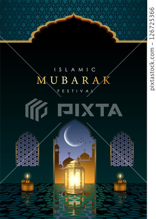 Islamic graphic design illustration for Mubarak, ramadan, eid, Al Adha, hajj, arafah, hariraya, Mawlid al-Nabi, ai-fitr, adulfitri and Hijri new yeaar. Literally with muslim illuminated lamp. 126725366