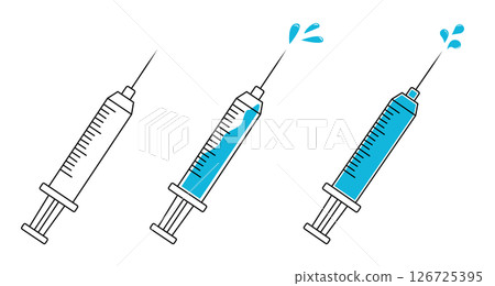 A disposable syringe illustration. A syringe with medicine and drops. An outline syringe drawing. Injections and vaccination. 126725395