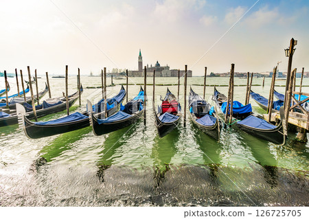 Traditional Gondolas Moored in Venice with View of San Giorgio Maggiore Traditional Gondolas Moored in Venice with View of San Giorgio Maggiore 126725705
