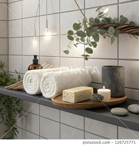 Modern sustainable bath shelf with solid shampoo, eucalyptus and stone on tiled wall 126725771