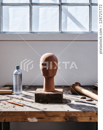Clay sculpture in progress with artisan tools on concrete tabletop in natural light 126725772