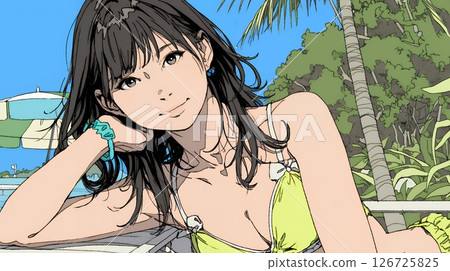 身穿比基尼的年輕女子前往海灘度假村 身穿比基尼的年輕女子前往海灘度假村 126725825