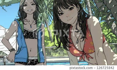 Young female friends enjoying a beach resort Young female friends enjoying a beach resort 126725842