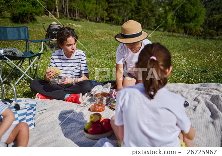 A family enjoys a picnic with delicious food on a sunny day, surrounded by picturesque mountain scenery and nature. 126725967
