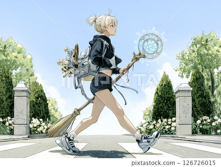 女巫用魔法掃帚穿越人行道的插畫素材 126726015