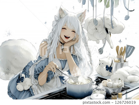 Cat's Gratitude: Illustration of a smiling cat fairy trying hard to cook a home-cooked meal 126726019