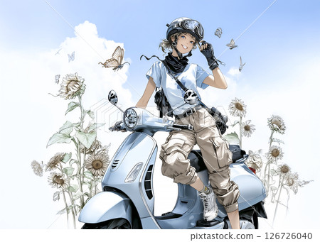 一位年輕女子騎著摩托車前往向日葵田的插畫素材 126726040