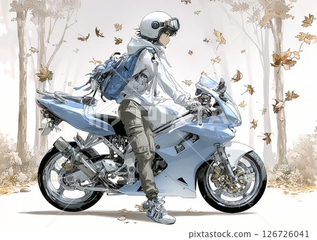 一位女騎士在秋葉中騎著運動自行車遊覽的插畫素材 126726041