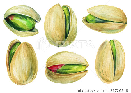 Watercolor pistachio nuts set, assorted green pistachios shells, hand painted food illustration, healthy snack clipart, isolated 126726248