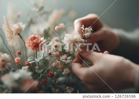 A gentle hand arranging beautiful flowers capturing the essence of nature and artistry in an indoor space. 126726586