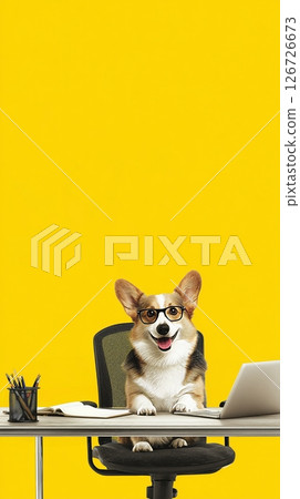 Happy corgi wearing glasses works on laptop at desk with bright yellow background 126726673