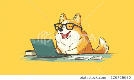 Happy corgi dog with glasses working on a laptop at a desk with a cheerful yellow background 126726680