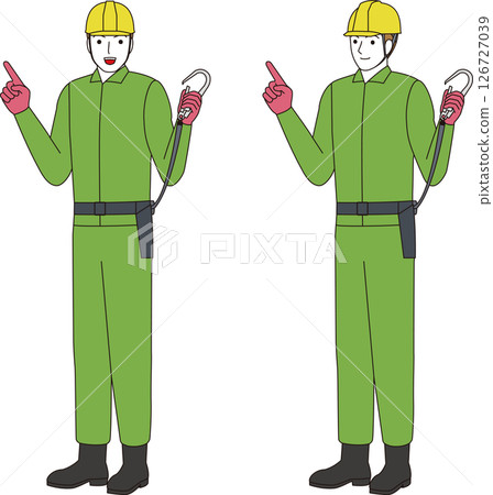 A construction worker wearing a fall prevention belt and lanyard. A smiling man 126727039