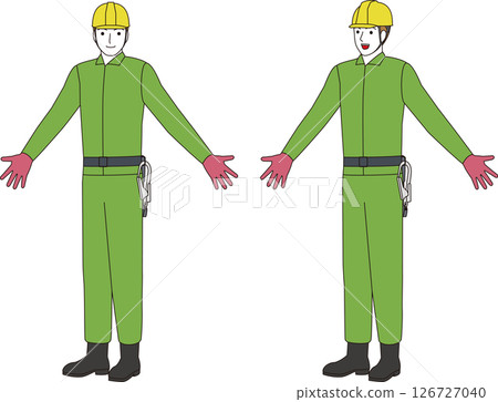 A construction worker wearing a fall prevention belt and lanyard. A smiling man 126727040