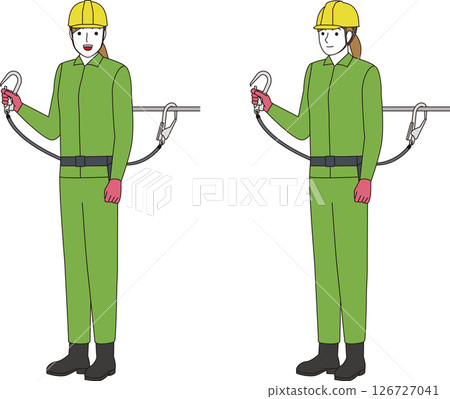 一名建築工人佩戴防墜落腰帶和掛繩。微笑的女人 126727041