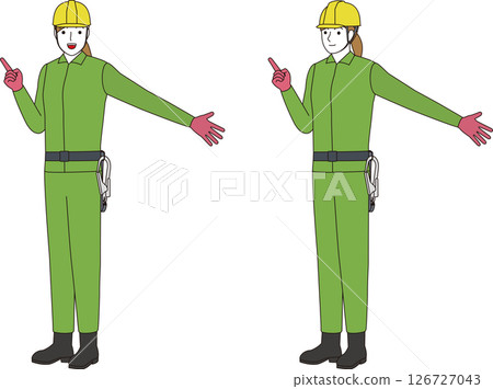 一名建築工人佩戴防墜落腰帶和掛繩。微笑的女人 126727043