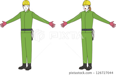 一名建築工人佩戴防墜落腰帶和掛繩。微笑的女人 126727044