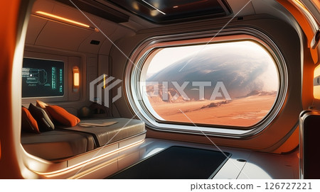 Futuristic space habitat with a stunning view of Earth during sunset from a sleek interior 126727221