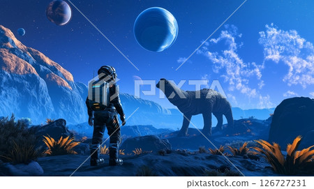 Distant worlds collide as a human surveys an alien landscape with a dinosaur-like creature 126727231
