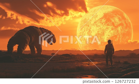 Astronaut stands before a giant creature creature at sunset on an alien planet 126727232