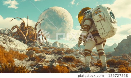 Astronaut encounters giant alien creature on a distant planet with two moons in the sky 126727238