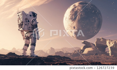 Exploring alien landscapes with a giant robotic companion under a distant planet and blue sky 126727239