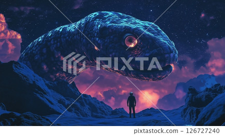 Mysterious giant serpent dominates alien landscape under night sky with celestial and a lone astronaut 126727240