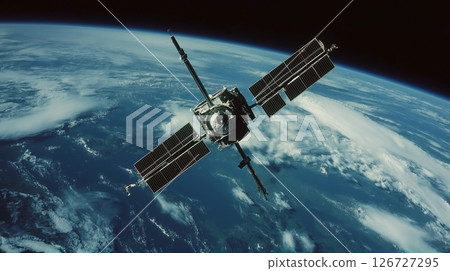 Satellite in orbit above Earth capturing stunning view of blue planet and clouds 126727295