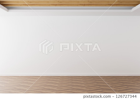 An empty interior space reveals smooth white walls and a stylish wooden ceiling, creating an inviting atmosphere for future furniture and decor. Bright and spacious design awaits personalization An empty interior space reveals smooth white walls and a stylish wooden ceiling, creating an inviting atmosphere for future furniture and decor. Bright and spacious design awaits personalization 126727344