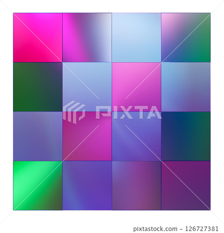 This top view showcases a vivid neon lighted disco floor featuring a dynamic pattern of colors, ideal for energetic dance events and festive gatherings theme. Isolated on white background. 126727381