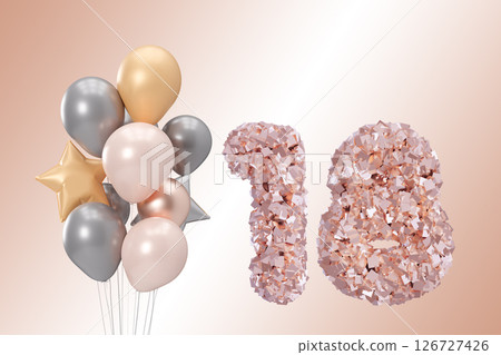 This beige birthday card captures the excitement of turning 18, showcasing decorative balloons and a shimmering number 18. Ideal for a memorable celebration This beige birthday card captures the excitement of turning 18, showcasing decorative balloons and a shimmering number 18. Ideal for a memorable celebration 126727426