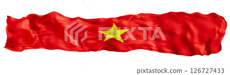 Stylized flag of Vietnam waving in the wind, isolated on white background. Footer, header or divider. Cut out wide, panoramic element. Banner for patriotic themes or national event promotions. 3D. 126727433