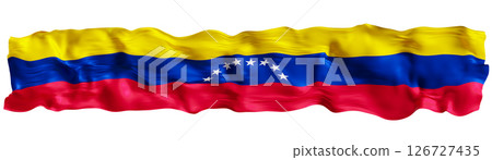 Stylized flag of Venezuela waving in the wind, isolated on white background. Footer, header or divider. Cut out wide, panoramic element. Banner for patriotic themes or national event promotions. 3D. Stylized flag of Venezuela waving in the wind, isolated on white background. Footer, header or divider. Cut out wide, panoramic element. Banner for patriotic themes or national event promotions. 3D. 126727435