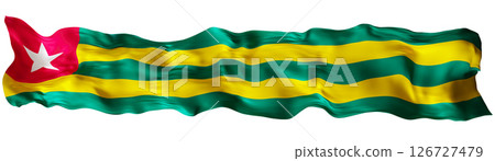 Stylized flag of Togo waving in the wind, isolated on white background. Footer, header or divider. Cut out wide, panoramic element. Banner for patriotic themes or national event promotions. 3D. Stylized flag of Togo waving in the wind, isolated on white background. Footer, header or divider. Cut out wide, panoramic element. Banner for patriotic themes or national event promotions. 3D. 126727479