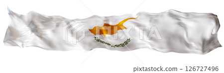 Stylized flag of Cyprus waving in the wind, isolated on white background. Footer, header or divider. Cut out wide, panoramic element. Banner for patriotic themes or national event promotions. 3D. 126727496