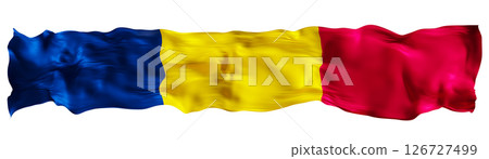 Stylized flag of Chad waving in the wind, isolated on white background. Footer, header or divider. Cut out wide, panoramic element. Banner for patriotic themes or national event promotions. 3D. Stylized flag of Chad waving in the wind, isolated on white background. Footer, header or divider. Cut out wide, panoramic element. Banner for patriotic themes or national event promotions. 3D. 126727499