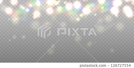 Abstract rainbow refraction glow and bokeh effect. Warm crystal light leak flare reflection effect. Transparent refraction background. Vector overlay for holiday festive effect. 126727554
