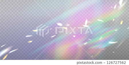 Rainbow reflection light prism effect with white sparks on light background. Hologram glass dispersion, crystal flare leak shadow overlay. Vector transparent illustration 126727562