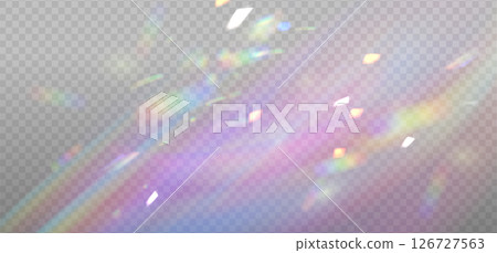 Iridescent crystal leak glare reflection effect overlay. Optical rainbow ray lights, glare, leak, streak overlay. Vector colorful lenses and light flares with transparent effects on light background. Iridescent crystal leak glare reflection effect overlay. Optical rainbow ray lights, glare, leak, streak overlay. Vector colorful lenses and light flares with transparent effects on light background. 126727563