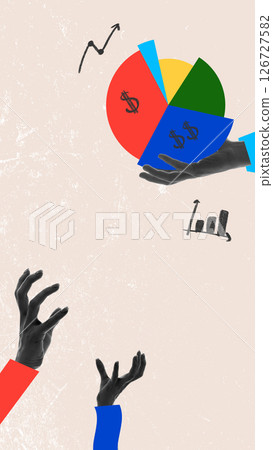 Outsider. Hand reaches up toward pie chart without touching symbolizing exclusion from decision-making. Modern conceptual collage Outsider. Hand reaches up toward pie chart without touching symbolizing exclusion from decision-making. Modern conceptual collage 126727582