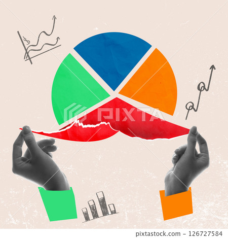 Hands holding pie chart segments while red slice tears apart, visualizing fragile financial structure and team tension. Contemporary art collage 126727584