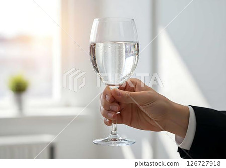 Hand holding glass of sparkling water 126727918