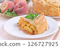 Old fashioned deep dish peach pie slice garnished with fresh mint, on white plate, horizontal 126727925