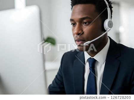 Businessman in headset working on computer Businessman in headset working on computer 126728203