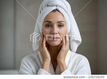 Woman in Bathrobe with Towel on Head 126728245
