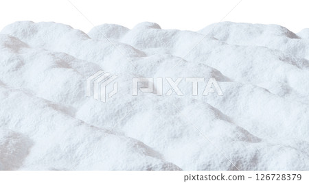 A serene snow landscape features gently rolling mounds covered in pure white snow, isolated on a stark white background. The three-dimensional effect enhances the tranquil winter scenery A serene snow landscape features gently rolling mounds covered in pure white snow, isolated on a stark white background. The three-dimensional effect enhances the tranquil winter scenery 126728379