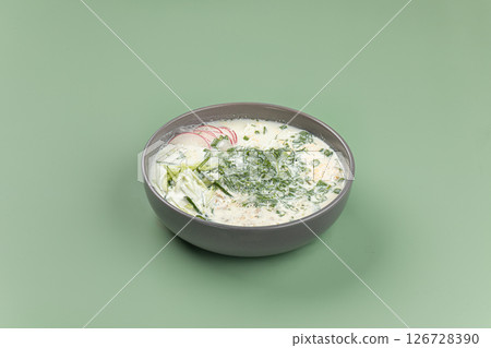 Portion of cold summer russian soup okroshka Portion of cold summer russian soup okroshka 126728390